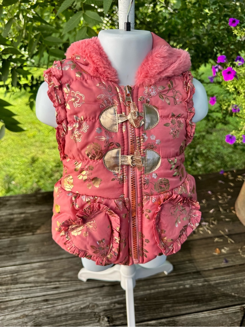 Little Lass Pink Gold Floral Puffer Vest Hooded Faux Fur 12M